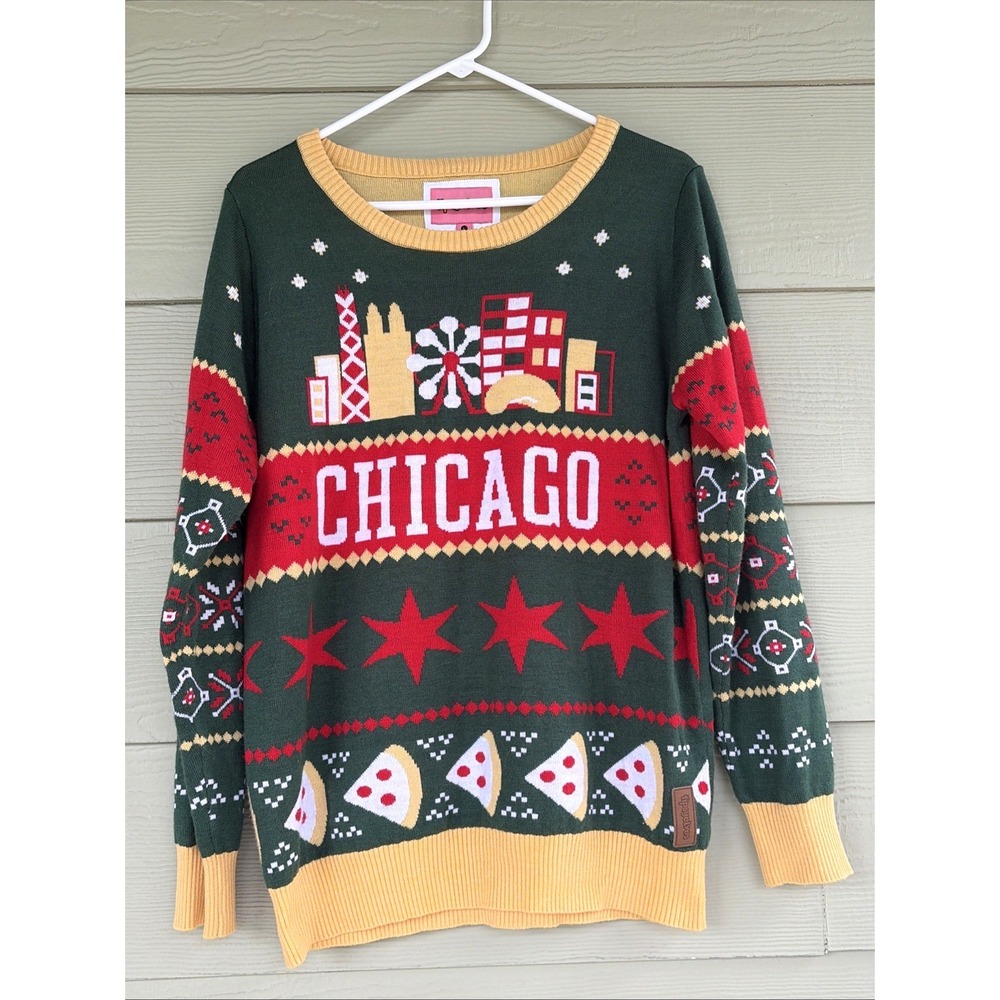 Tipsy Elves CHICAGO Skyline Pizza Ugly Christmas Holiday Crewneck Sweater Large